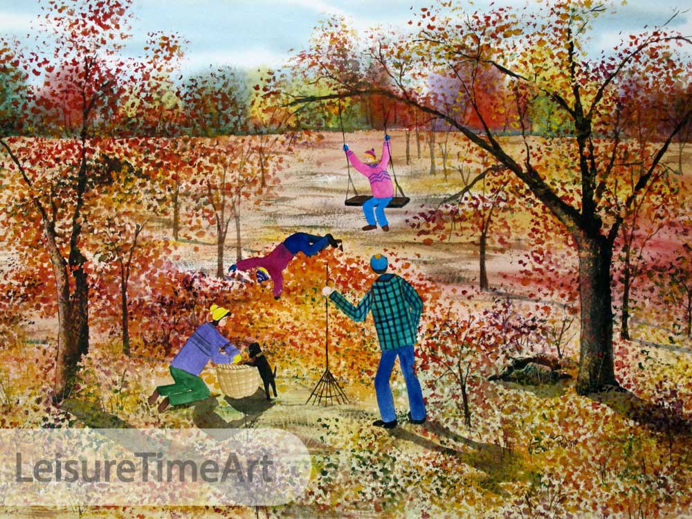 Jumping in Leaves Original Watercolor