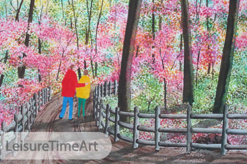Spring Walk with Couple Original Watercolor